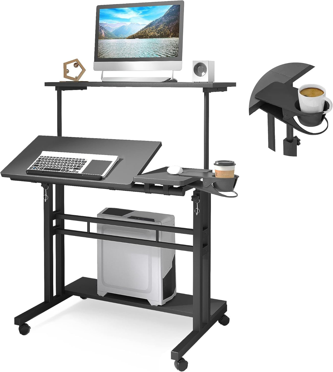 Adjustable Mobile Standing Desk with 3 Desktops and Cup Holder, Black