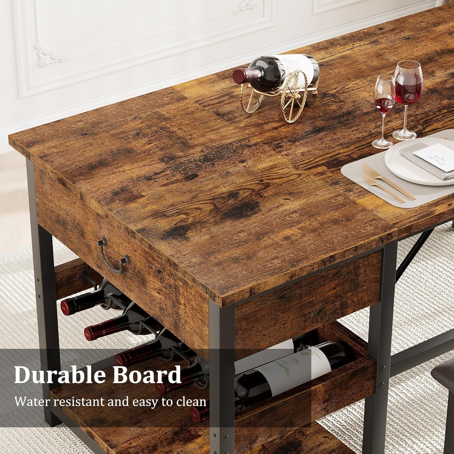 Dining Table Set for 4 Kitchen Table with 2 Benches, Storage Drawers ,Wine Rack