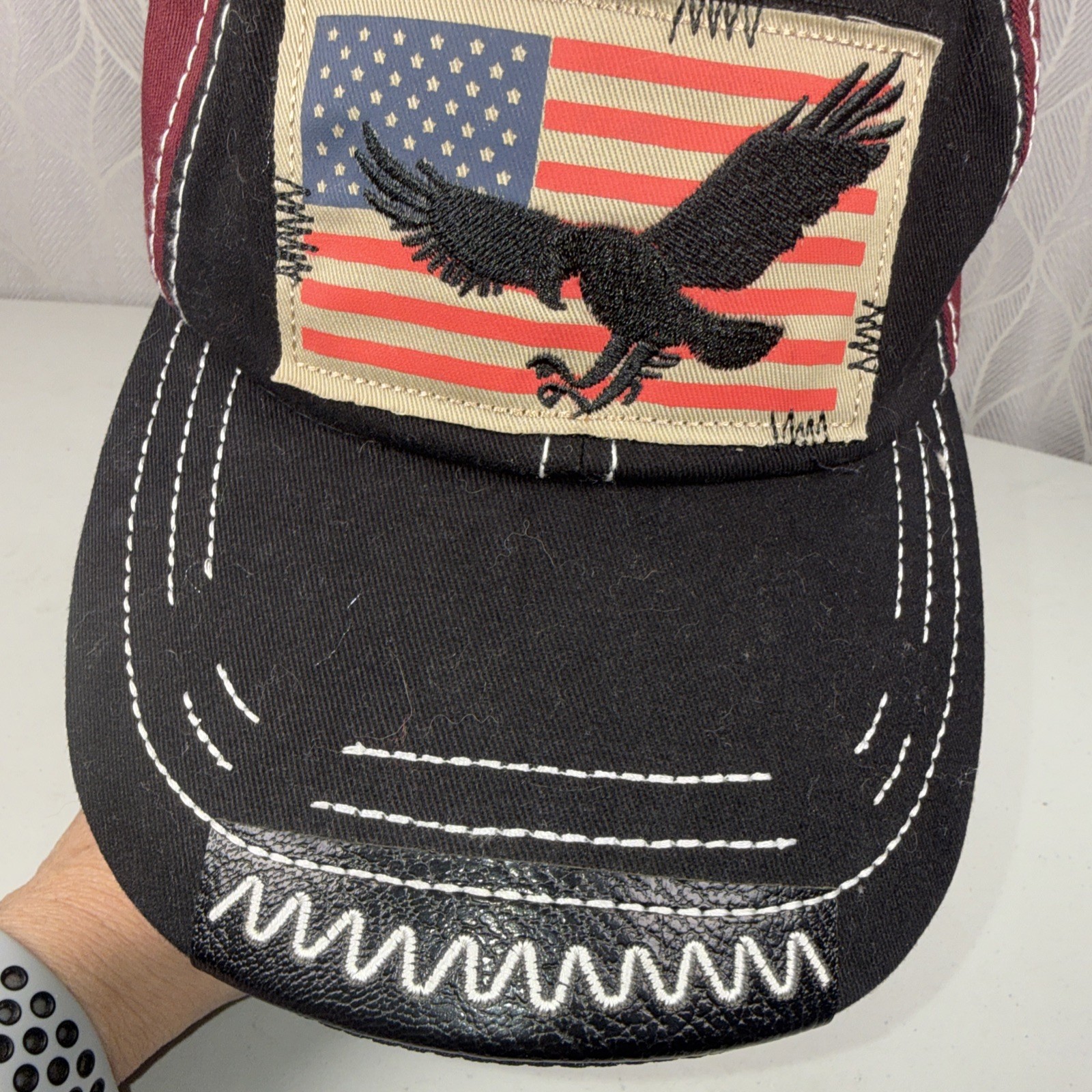 American Flag Patch Tan w Black Eagle on Black Maroon Hat Cap Strap Buckle