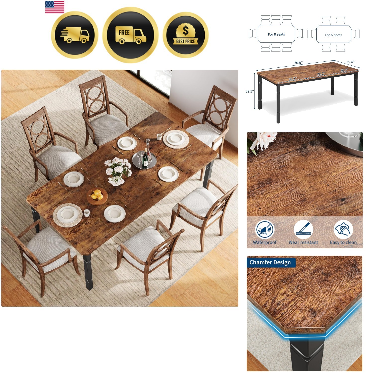 71" Dining Table for 6-8 People, Modern Rectangular Kitchen Table with Sturdy...