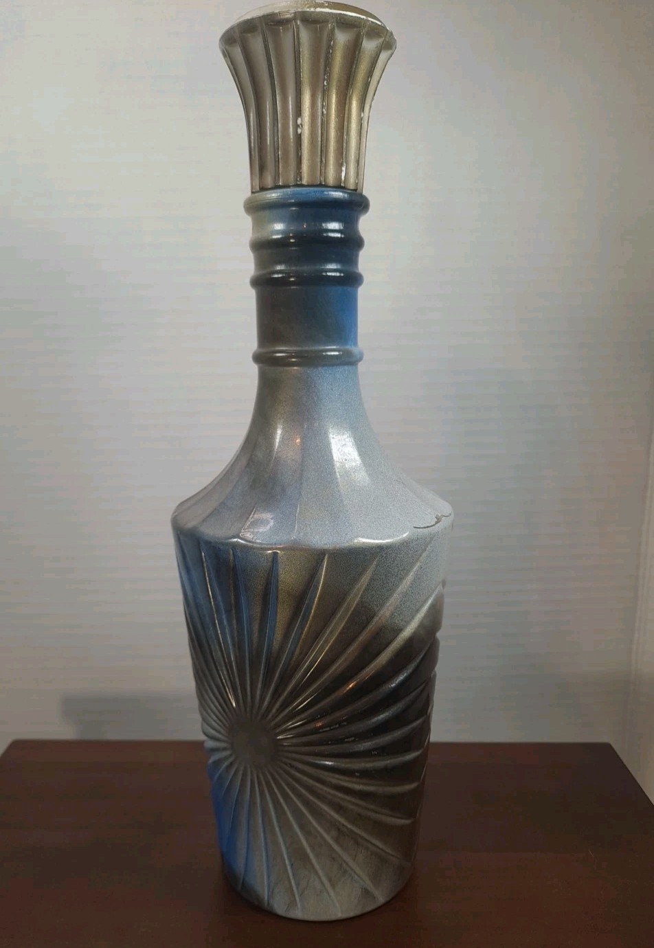 Vintage 1975 Blue Black White Swirl Sunburst Liquor Glass Bottle Screw On Cap
