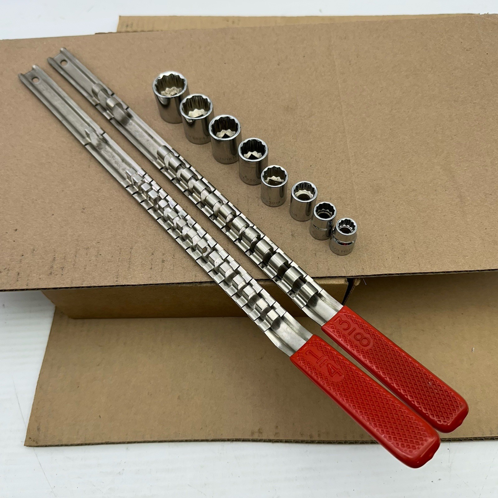 Vintage Husky 3/8" And 1/4” Drive Socket Rail Made in USA W 8pc 3/8” Dr. SAE SET