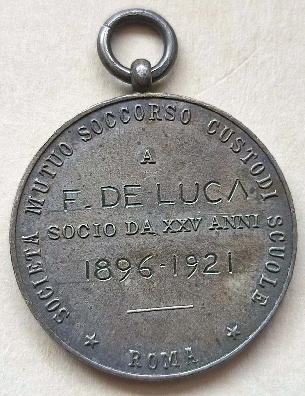 MEDAL SOCIETY MUTUAL AID CUSTODIANS SCHOOLS ROME XXV YEARS MERITO
