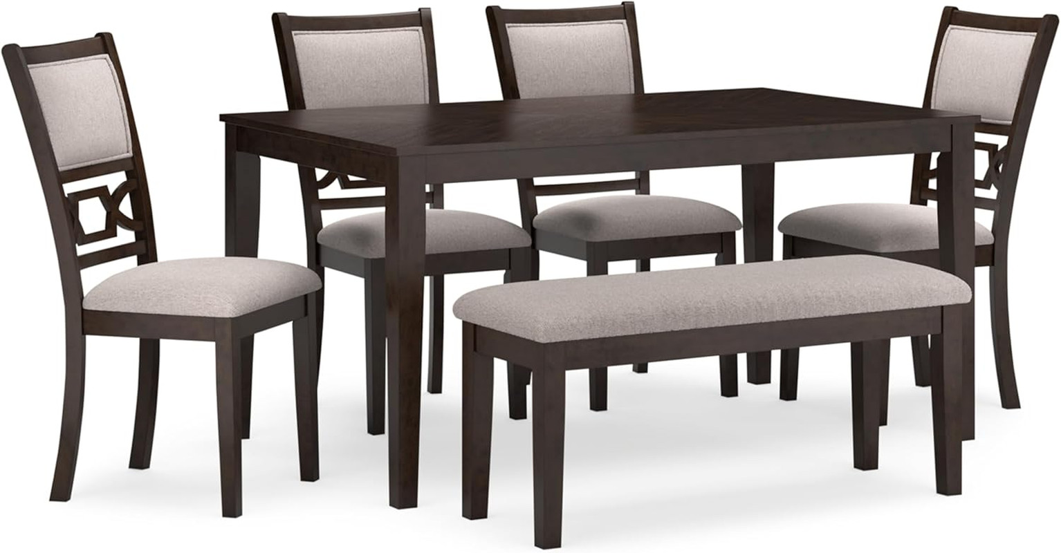 Langwest 6-Piece Dining Set with Upholstered Chairs and Bench, Cherry Brown