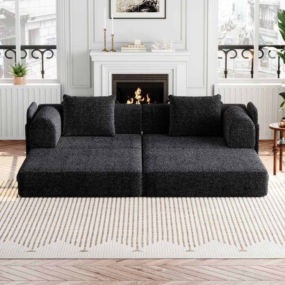 72.4" Convertible Sofa Bed w/ Storage Pockets, Black Chenille Fabric