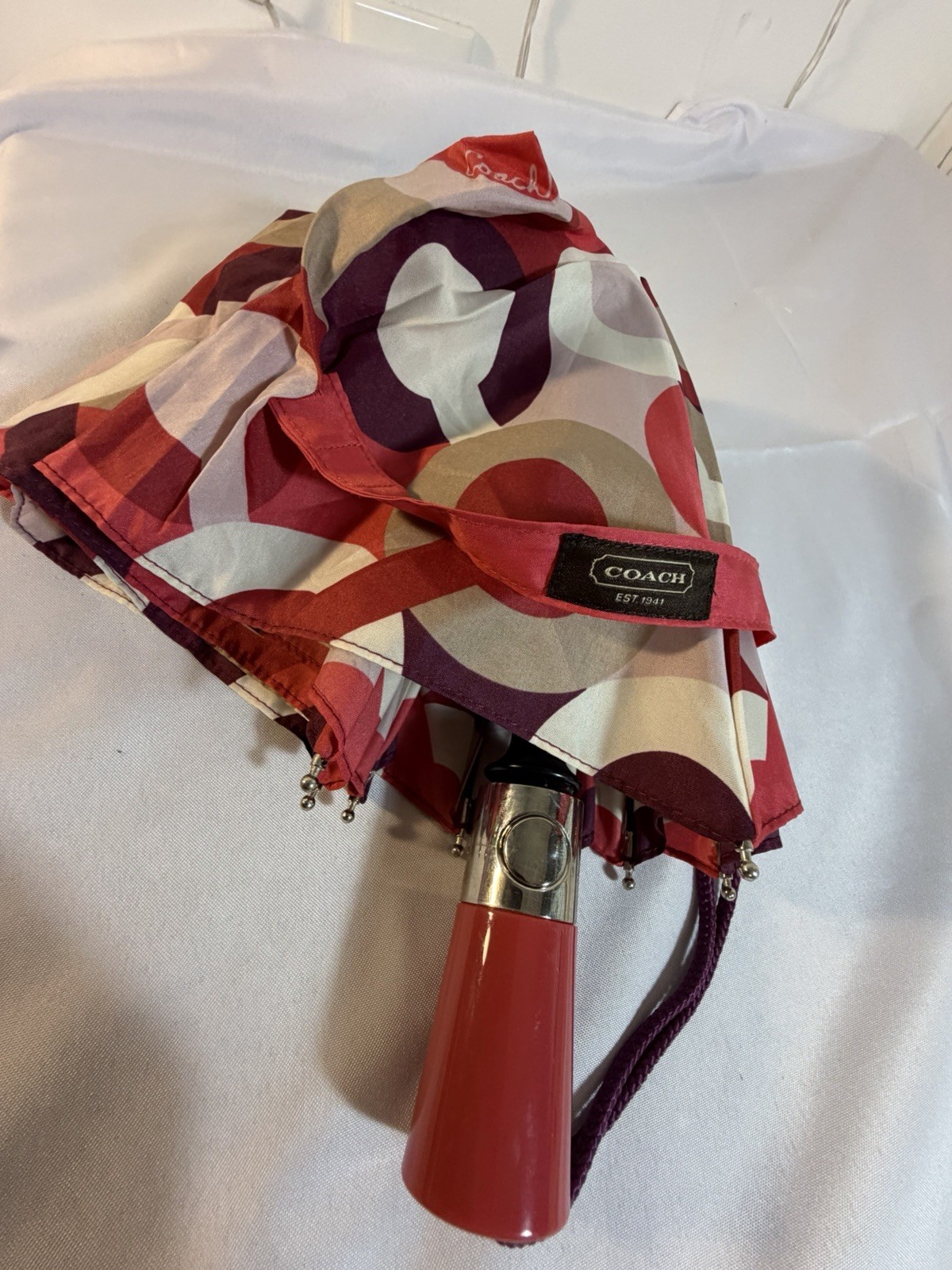 Coach Logo Compact Folding Umbrella Auto Open Red Purple Geometric Print