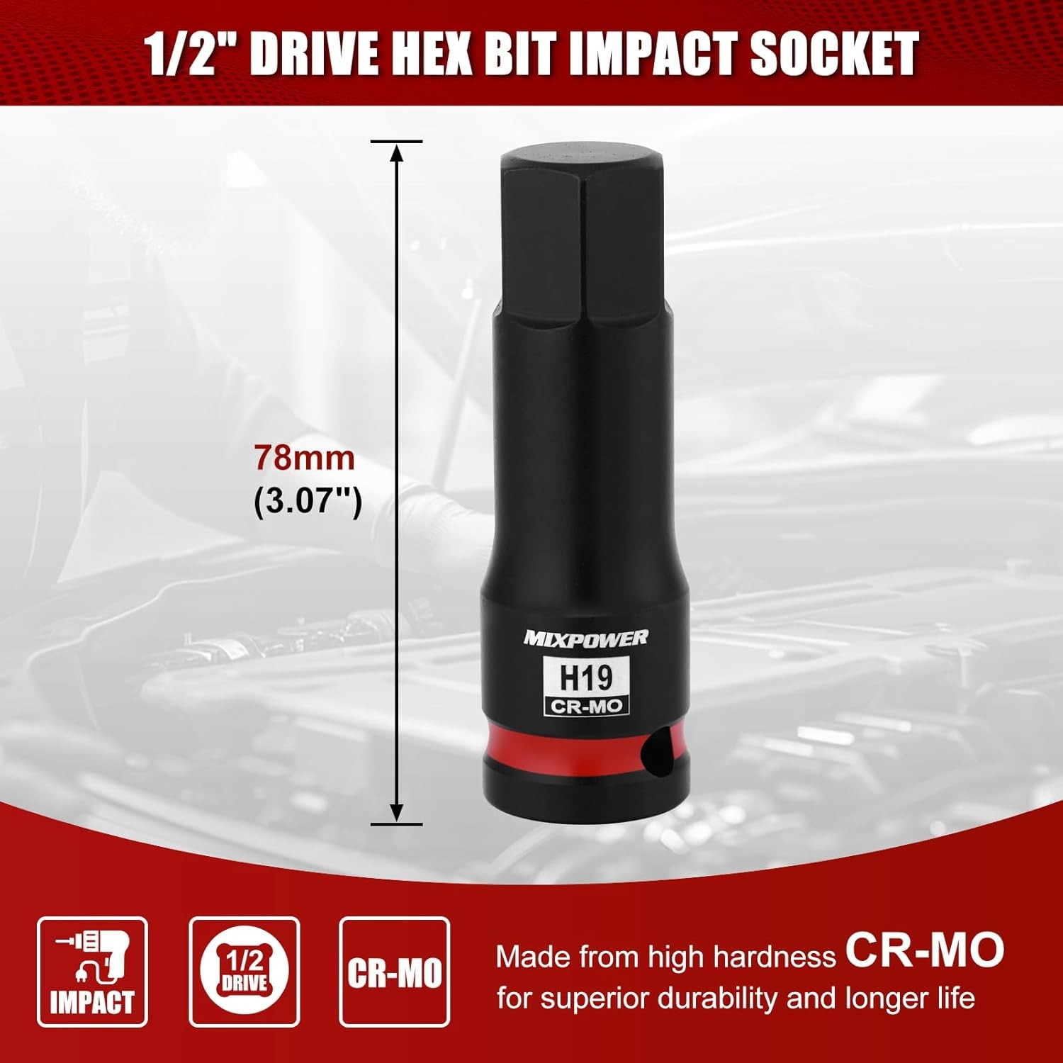 MIXPOWER 1/2" Drive 19mm Hex Impact Bit Socket, Allen CR-MO