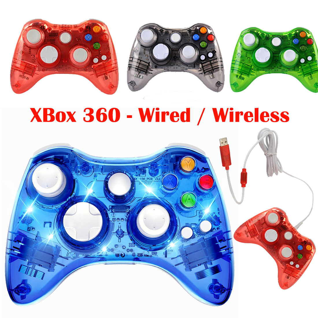 Wired Wireless Xbox 360 Glow Controller GamePad Remote for PC Xbox 360 Console