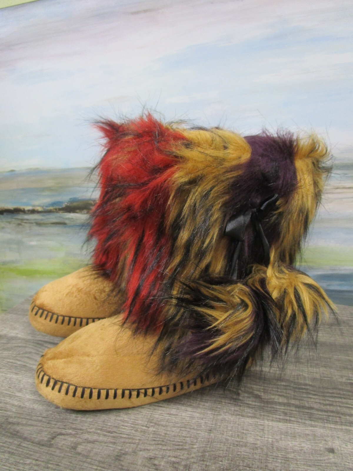 Fuzzy Booties Adrienne Landau Peacock Faux Fur Slip On Casual Women NEW