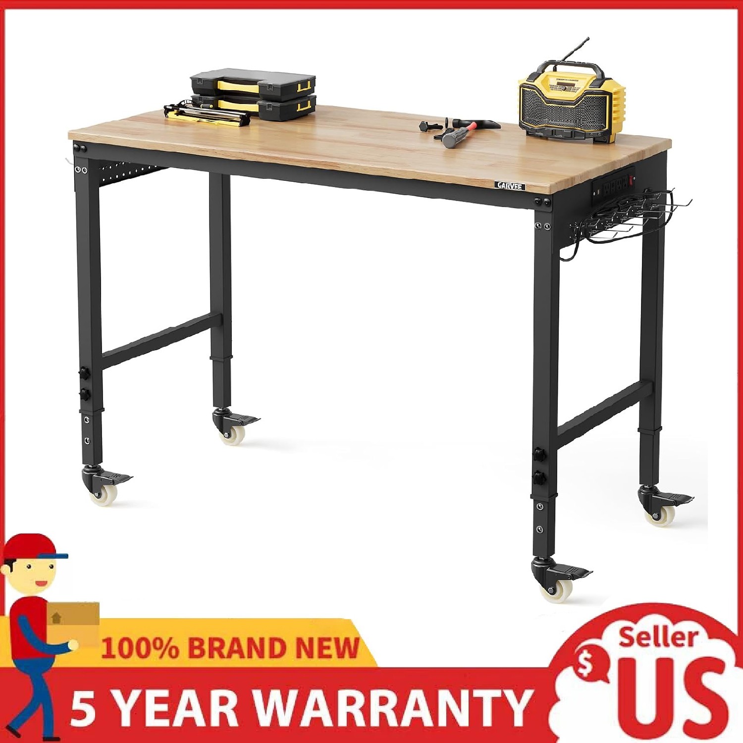 48" Workbench Adjustable Work Table Garage 2000LBS Load w/Power Outlet & Wheels