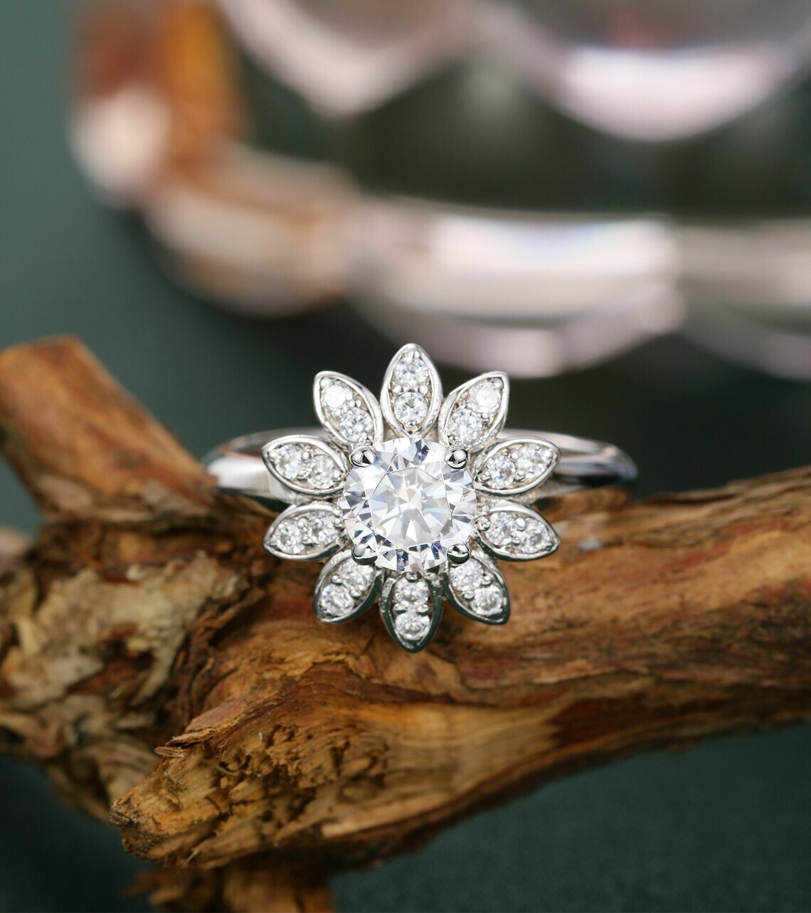 0.85Ct Round Moissanite Unique Sunflower Shape Engagement Ring 14KWhiteGold Over