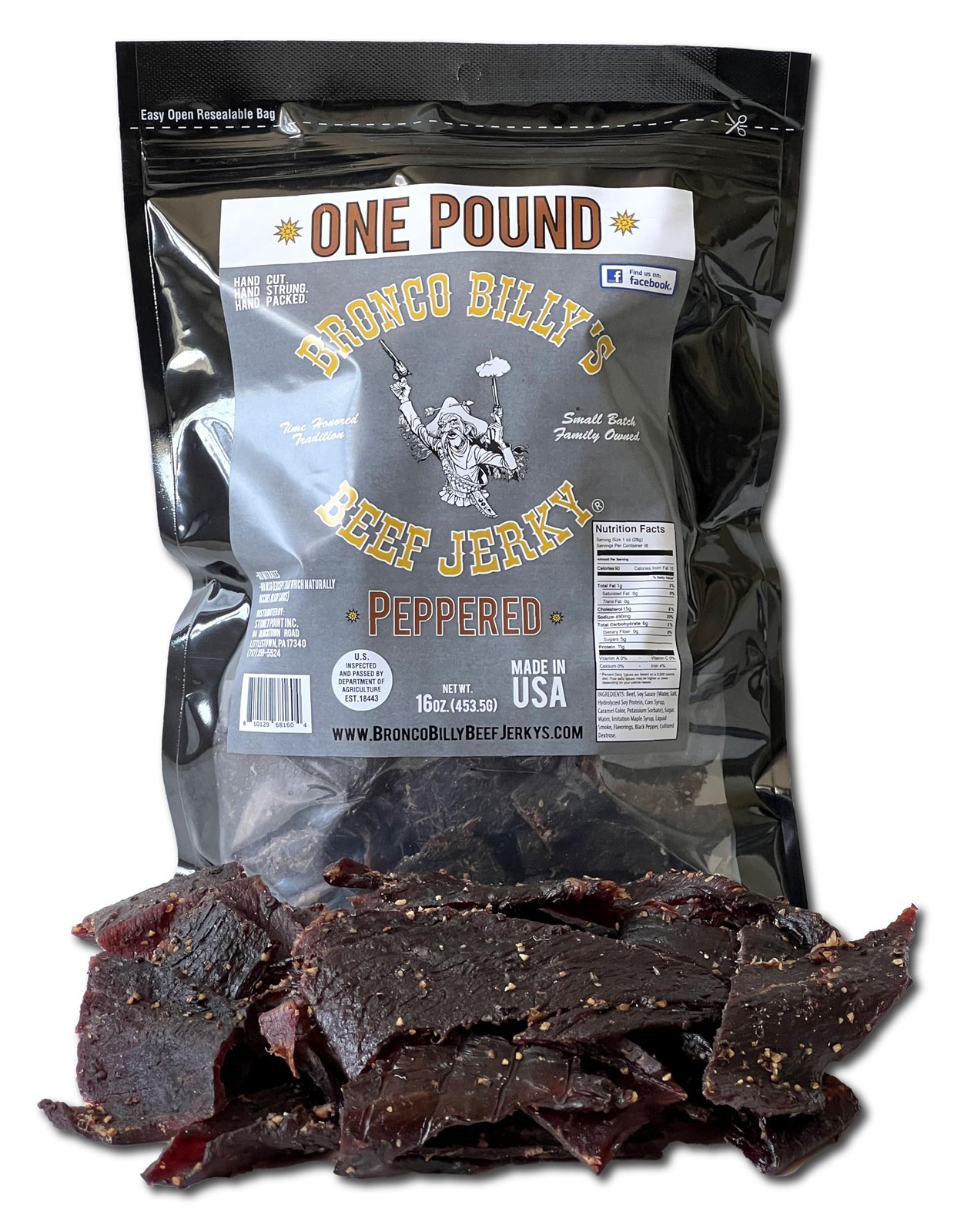 Bronco Billy’s Beef Jerky Maple Peppered 1lb Resealable Bag USA Made