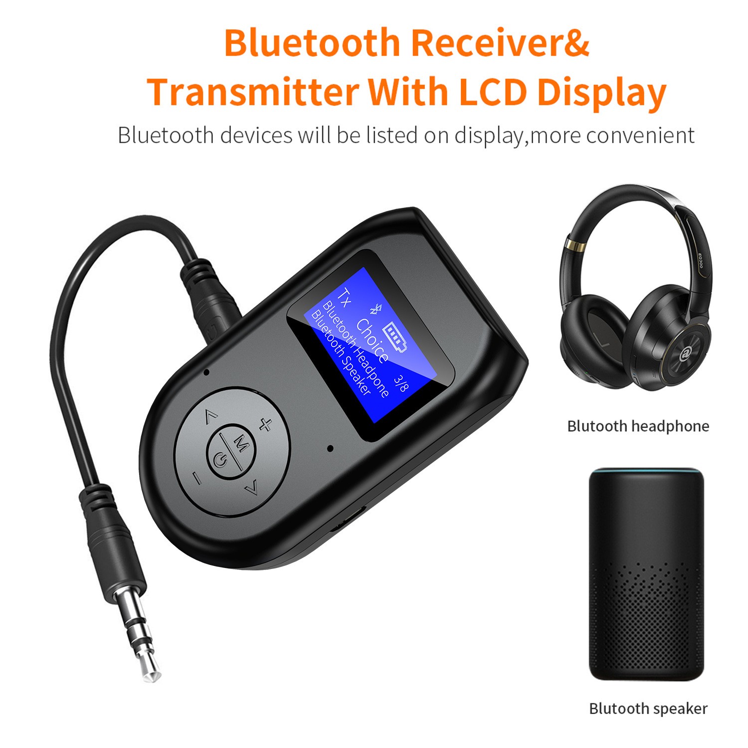 3in1 Audio 3.5mm 0.96"Screen Bluetooth 5.0 Transmitter Receiver Wireless Adapter