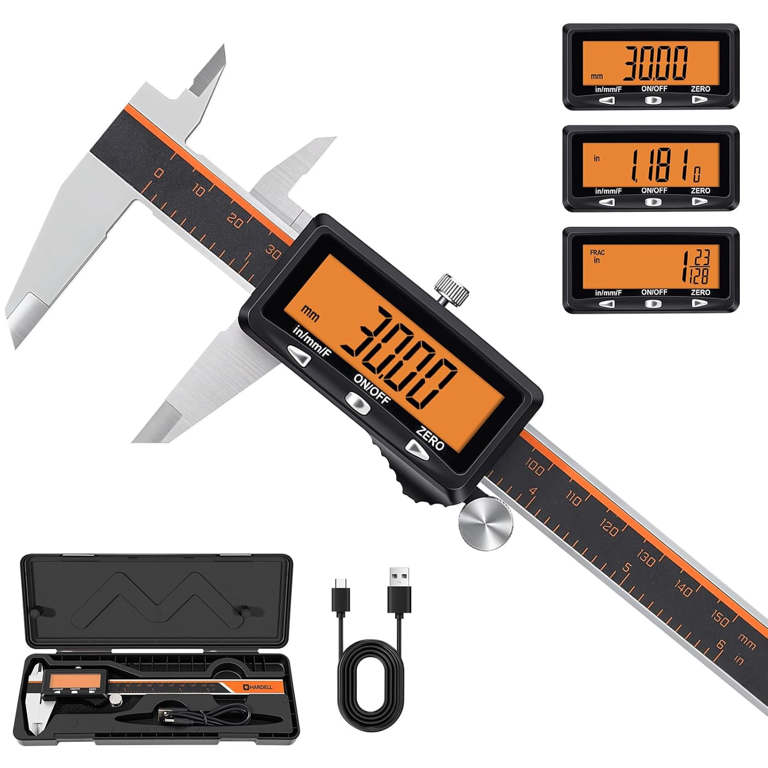 Digital Caliper, Rechargeable Caliper Measuring Tool with Large Orange Screen, S