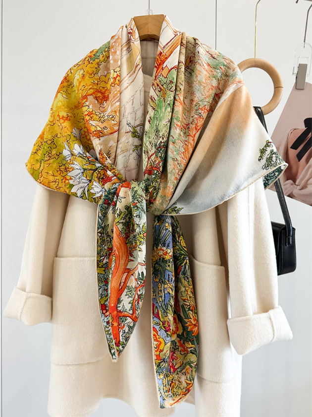 70% Cashmere 30% Silk Wrap Scarf garden Print Double Face Print Shawl 135X135cm