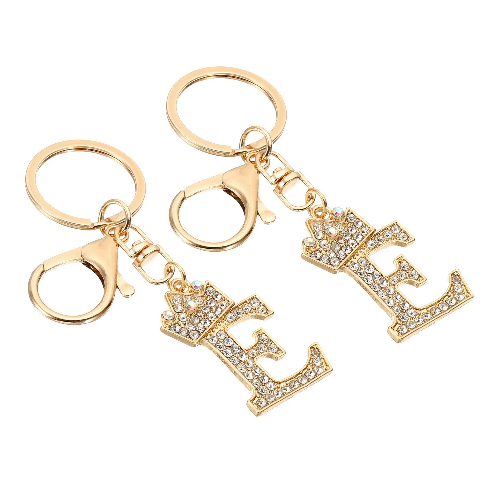 Initial Letter Keychain, 2 Pcs Letter E Crown Design Charm, Gold Tone