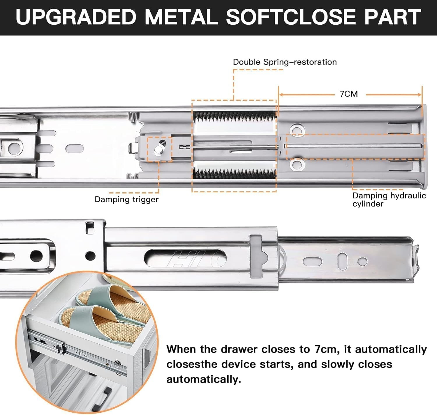 22-Inch Silver Self-Close Drawer Slides, Durable, 6 Pairs for Easy Installation