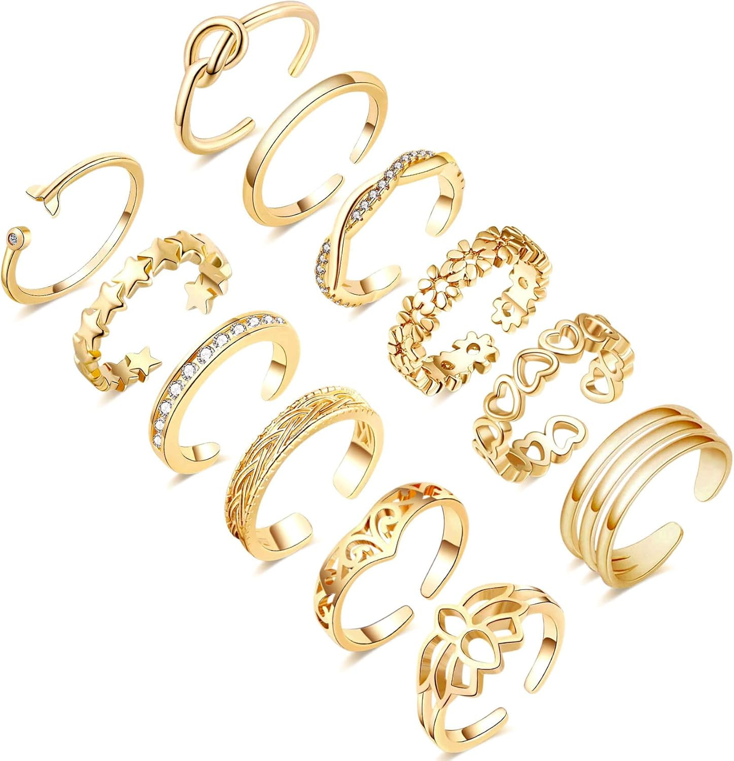 12PCS Gold Silver Plated Adjustable Toe Rings Open Flower CZ for Women