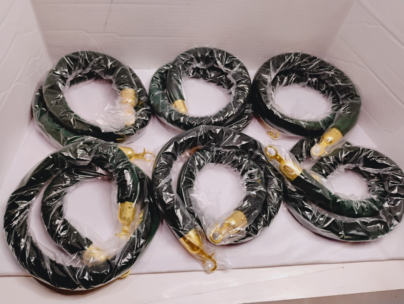 6 pack-Green Velvet Rope Crowd Control Gold Hook No Stanchion Party Carpet Event