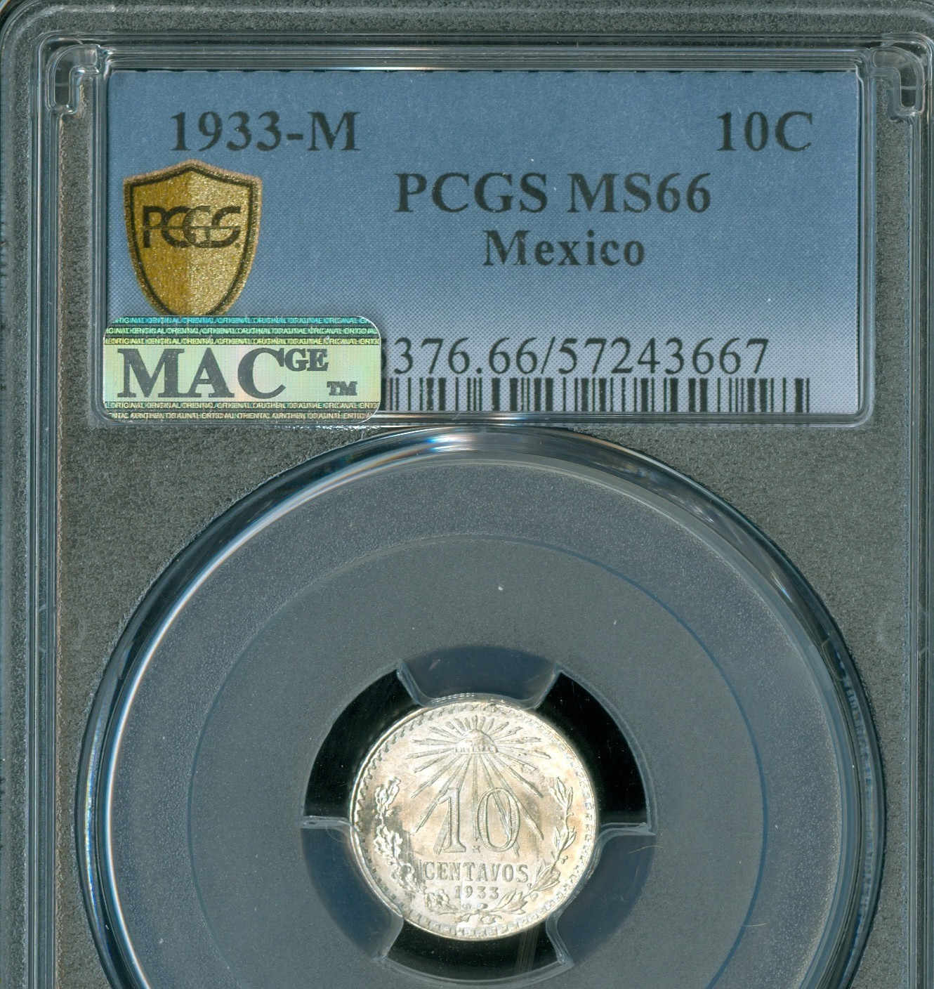 1933 MEXICO 10 CENTAVOS PCGS MS66 MAC SPOTLESS 2ND FINEST GRADE .