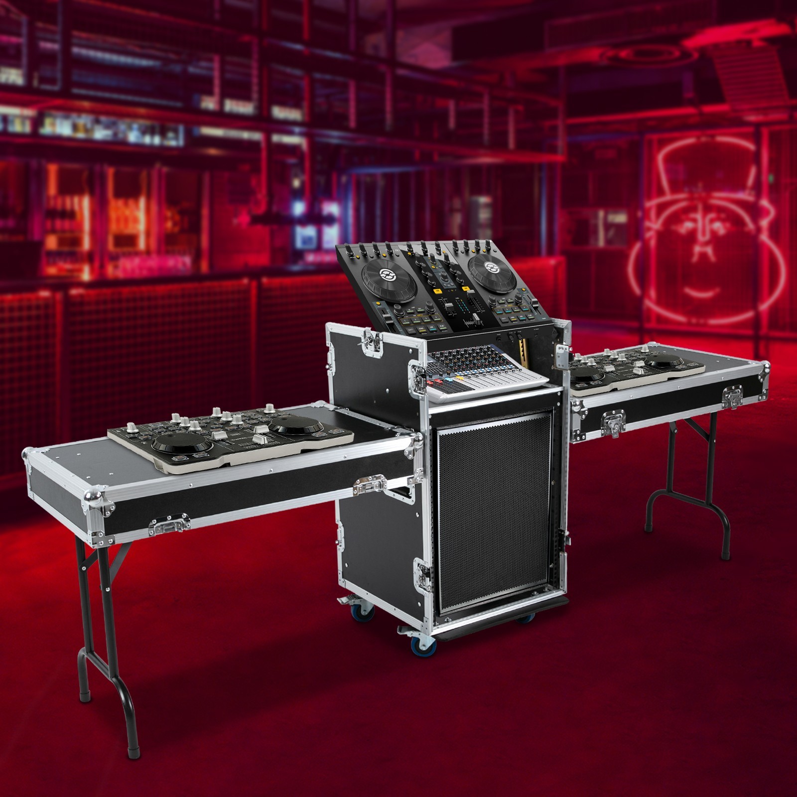 14U PA DJ Rack DJ Cabinet with 2 Table Tops Network Pro Stereo Rack with 4 Wheel
