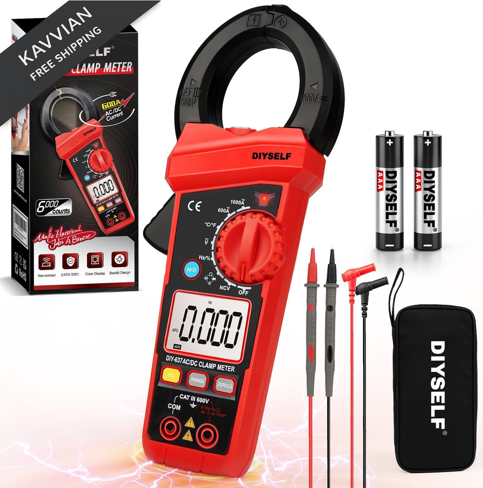 DIYSELF 6000 Counts Digital Clamp Meter, True RMS AC/DC Voltage Compact, Red