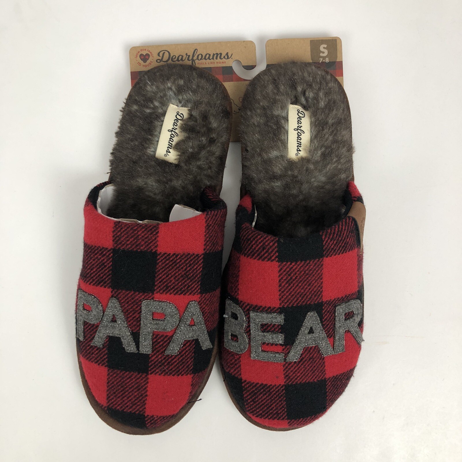 DEARFORMS Men’s Slippers Size Small (7-8) Red Plaid “PAPA BEAR” Memory Foam