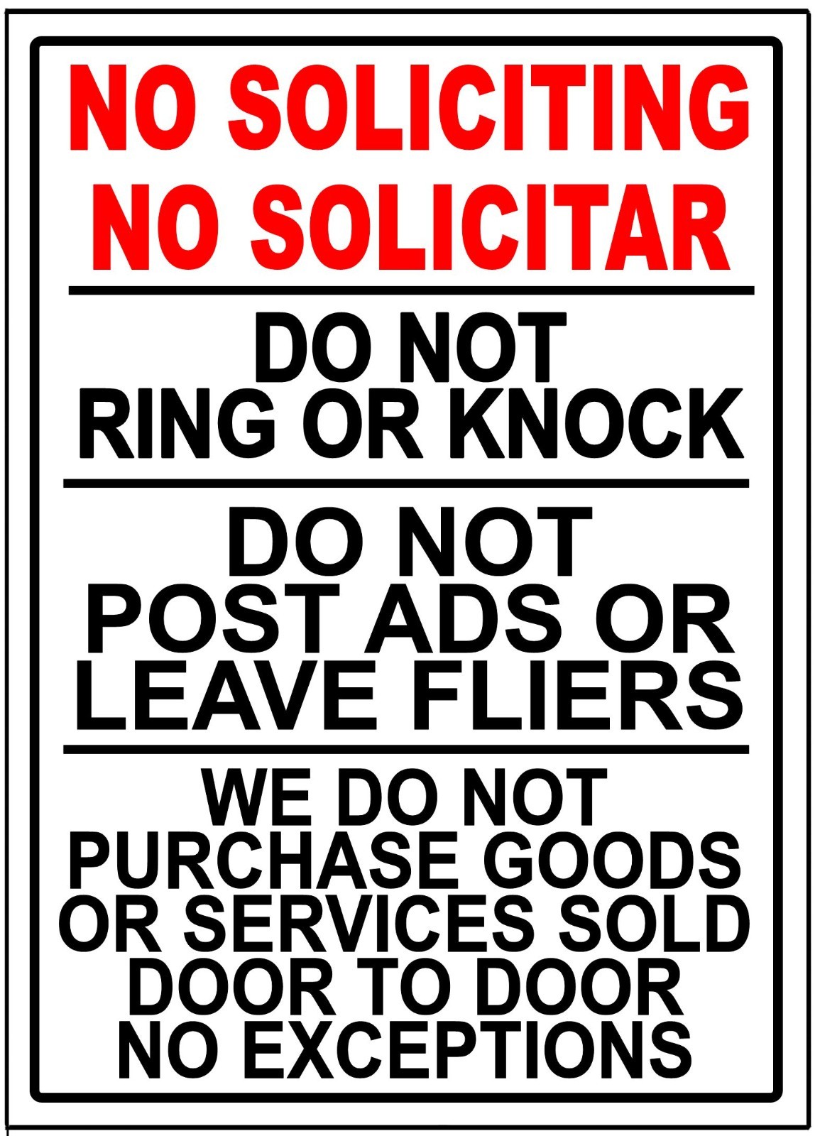 No Soliciting No Solicitar Do Not Ring Knock No Sales People Metal Sign MS036