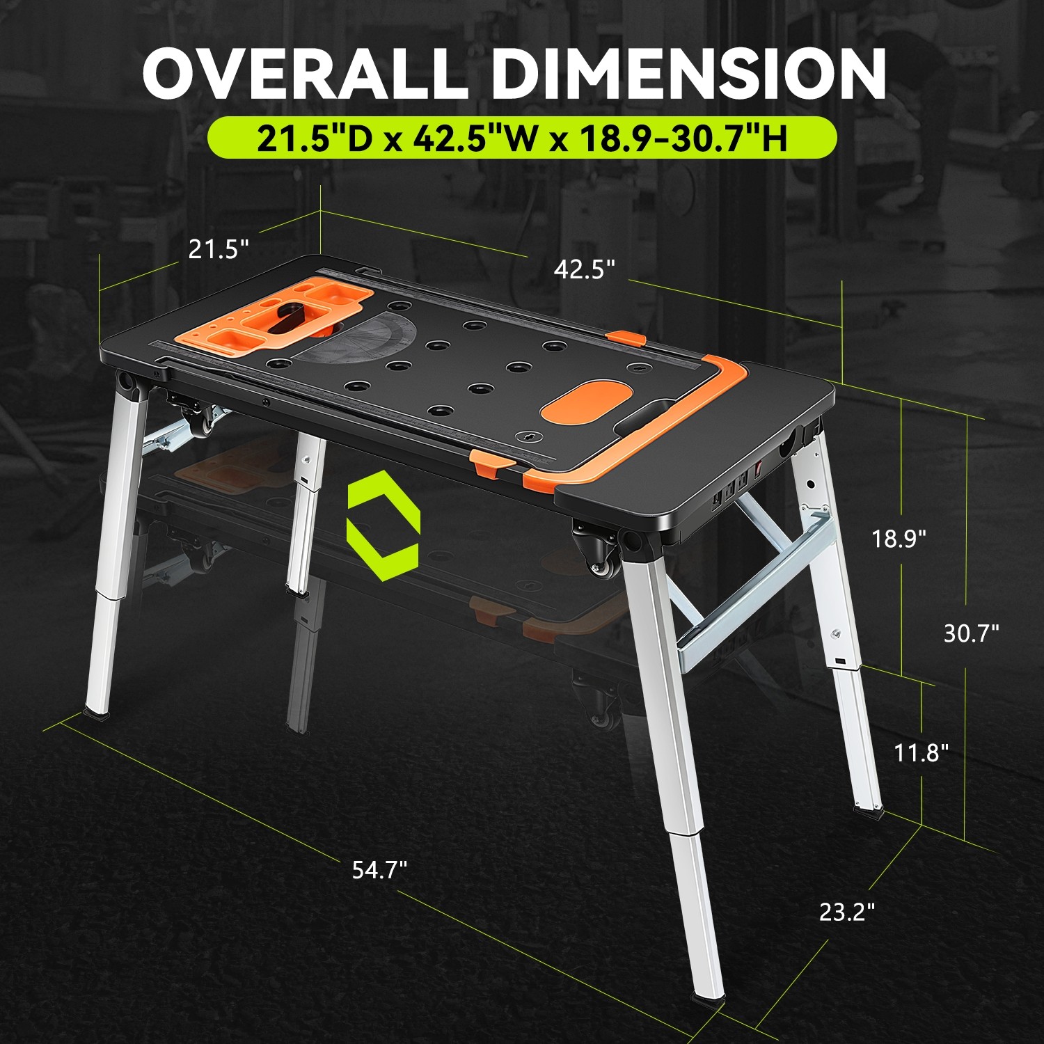 Orange 7-In-1 Multifunctioanl Adjustable Foldable 220LB Work Bench w/ 4 Wheels