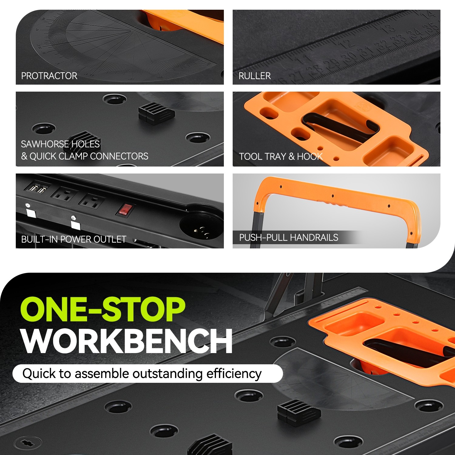 Orange 7-In-1 Multifunctioanl Adjustable Foldable 220LB Work Bench w/ 4 Wheels