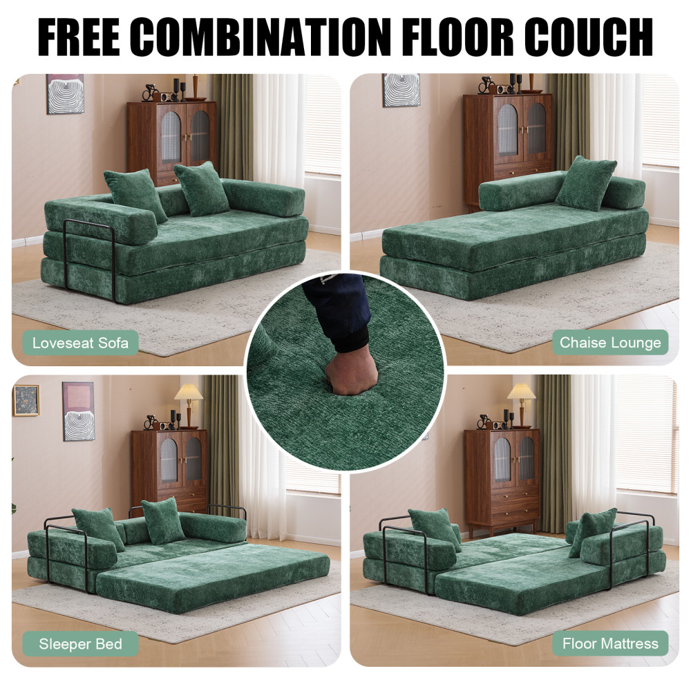 Memory Foam Foldable Sofa Bed 3-Seat Futon for Living Room, Dark Green Chenille