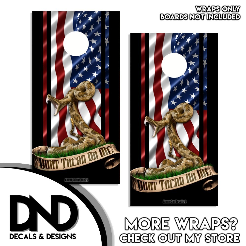 Don't Tread on Me Rattlesnake Wavy American Flag Cornhole Board Wraps 2 Pack