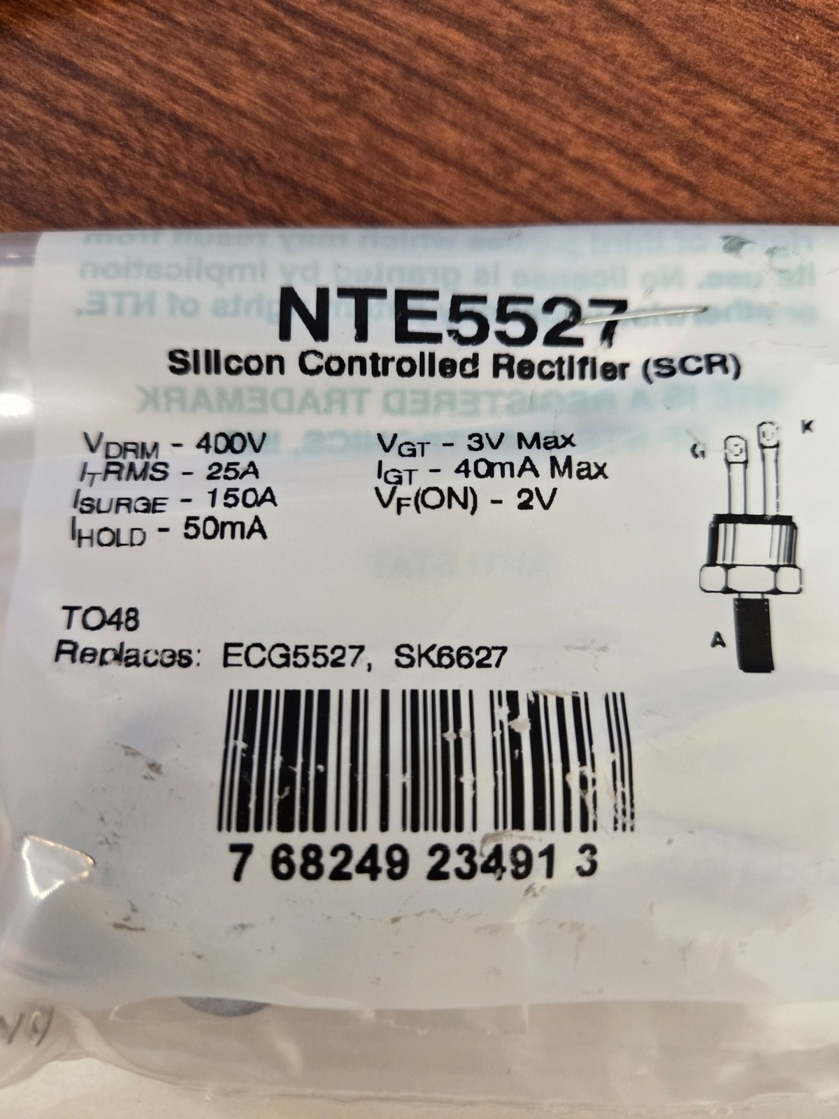 NTE5527 Silicon Controlled Rectifier (SCR) 25 Amp, TO48