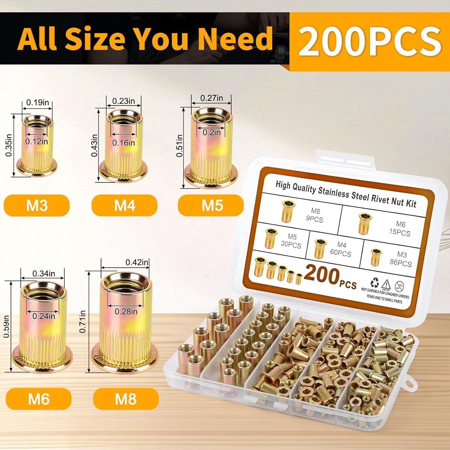 200PCS Metric Rivet Nut Kit M3 M4 M5 M6 M8 Rivnut Threaded Insert Assortment