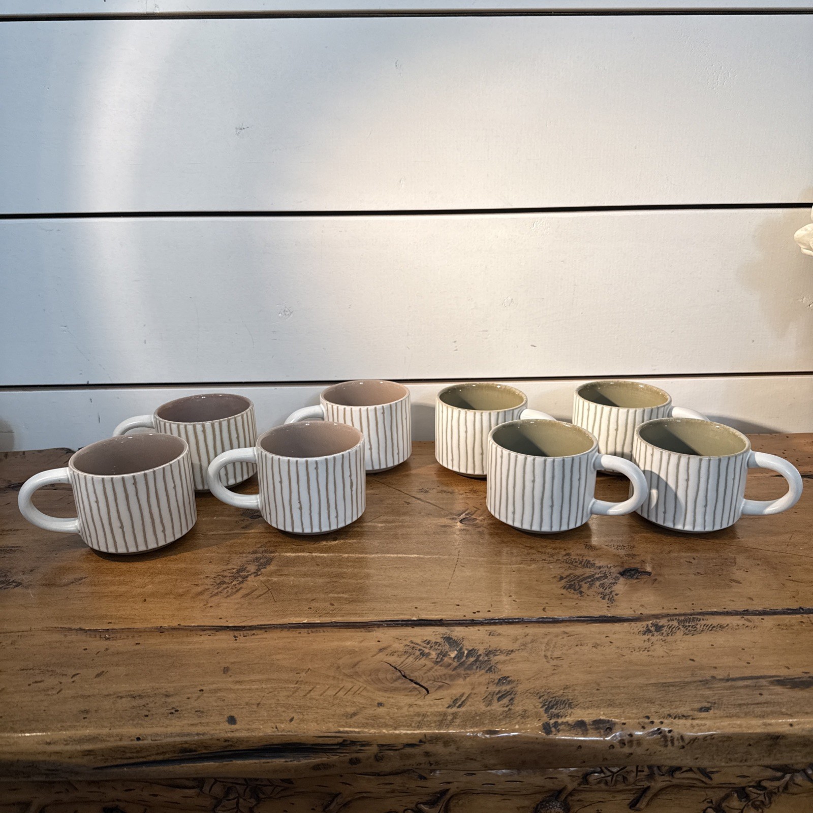 Hearth & Hand Magnolia Mugs  Bead Stripe Stoneware Tan & Green- 2 Sets of 4