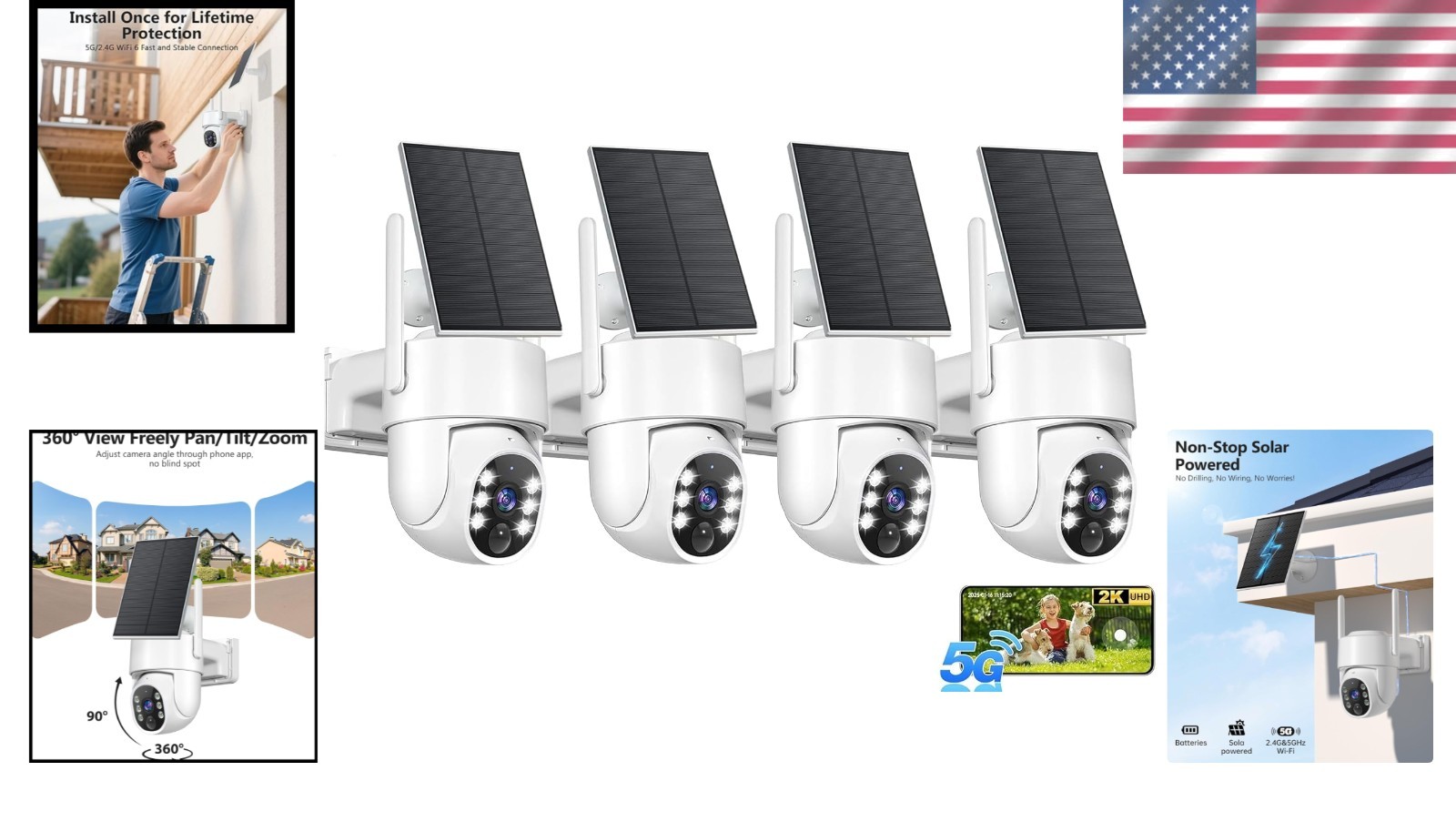 4 Immersive 2K Solar Security Cameras with Night Vision & Smart Detection