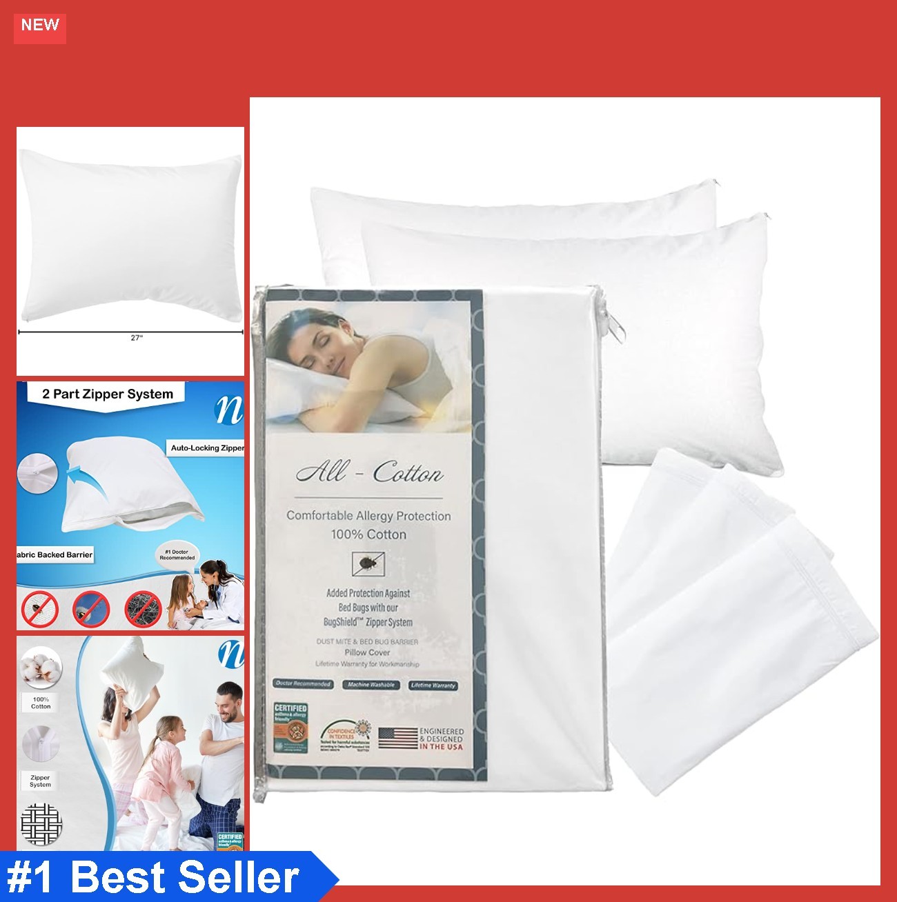 Pillow Protector Standard Cotton 300 Thread Count Hypoallergenic Zippered