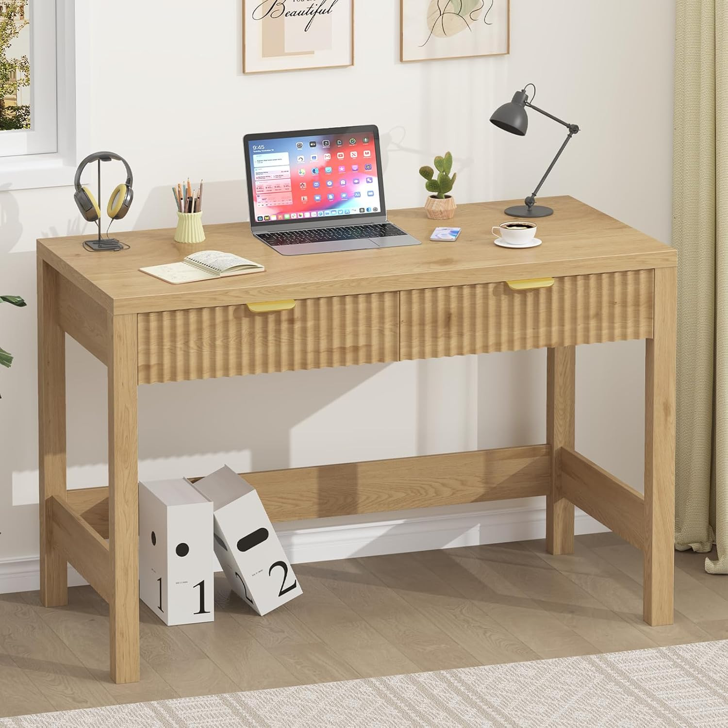 39 Inch Small Fluted Computer Desk with 2 Drawers for Bedroom, Home Office | Sma
