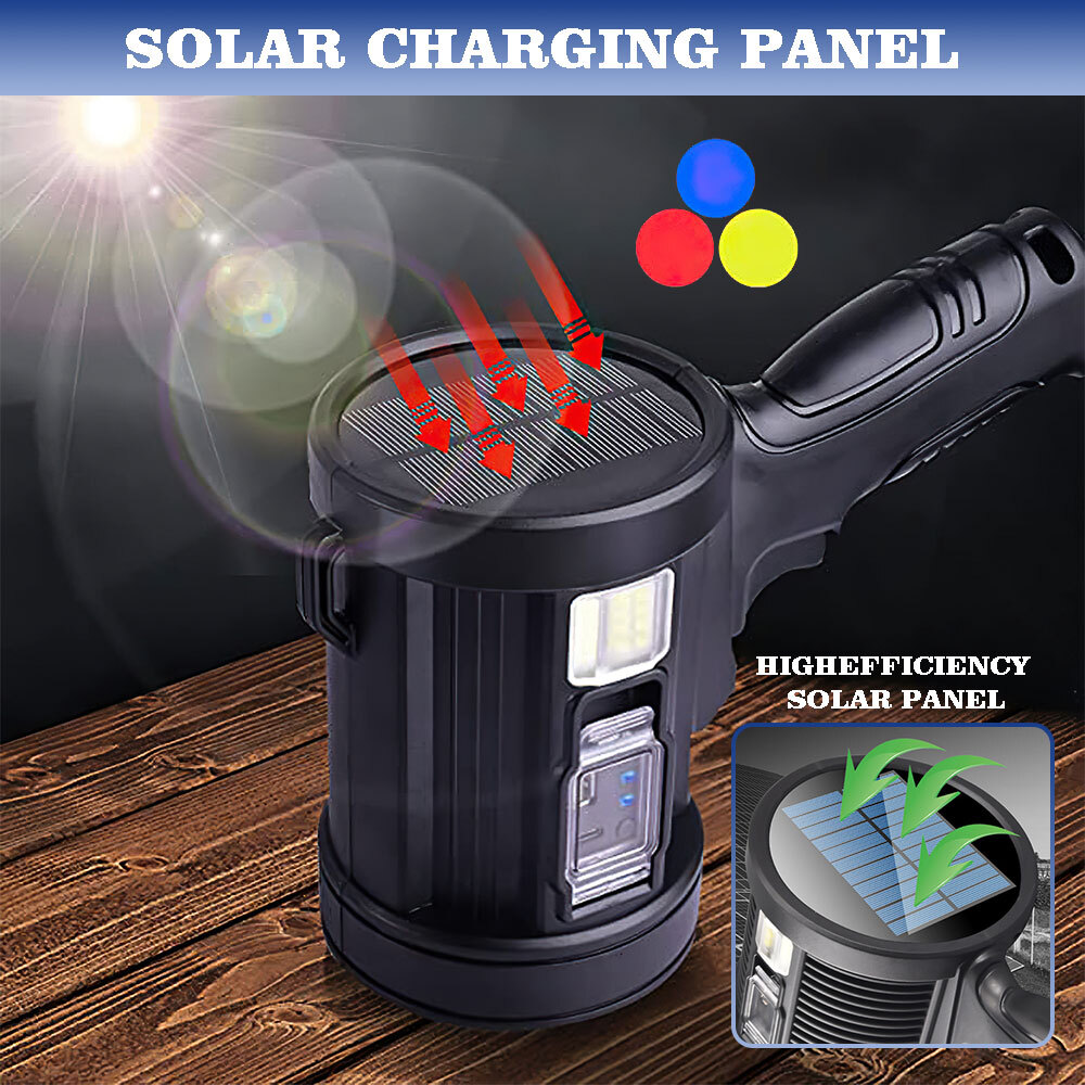 Solar Power 200000LM Super Bright LED Searchlight Spotlight USB Flashlight Light