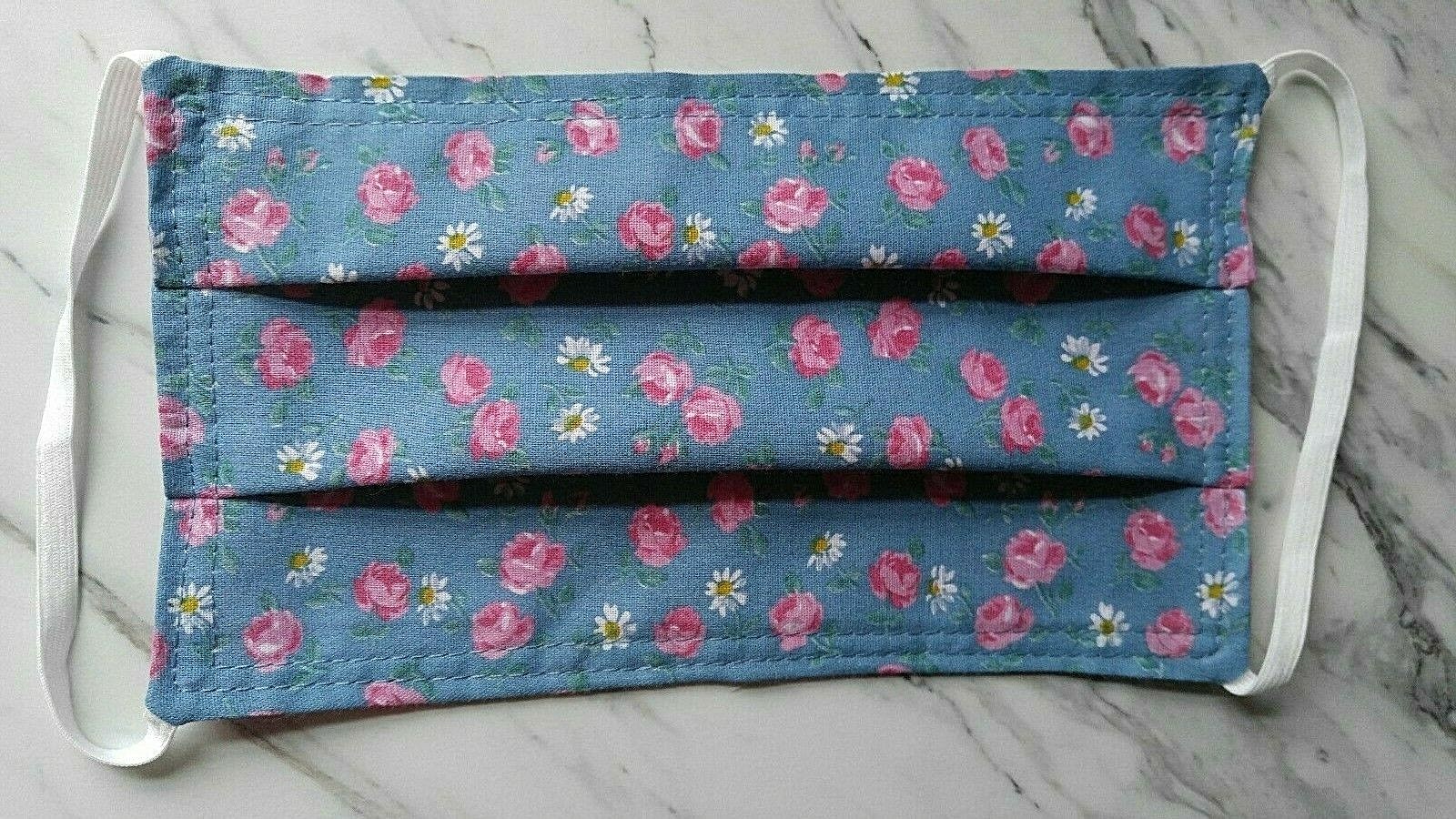 Face mask, Reversible cloth handmade, washable-100% Cotton Blue Pink Roses & Dot