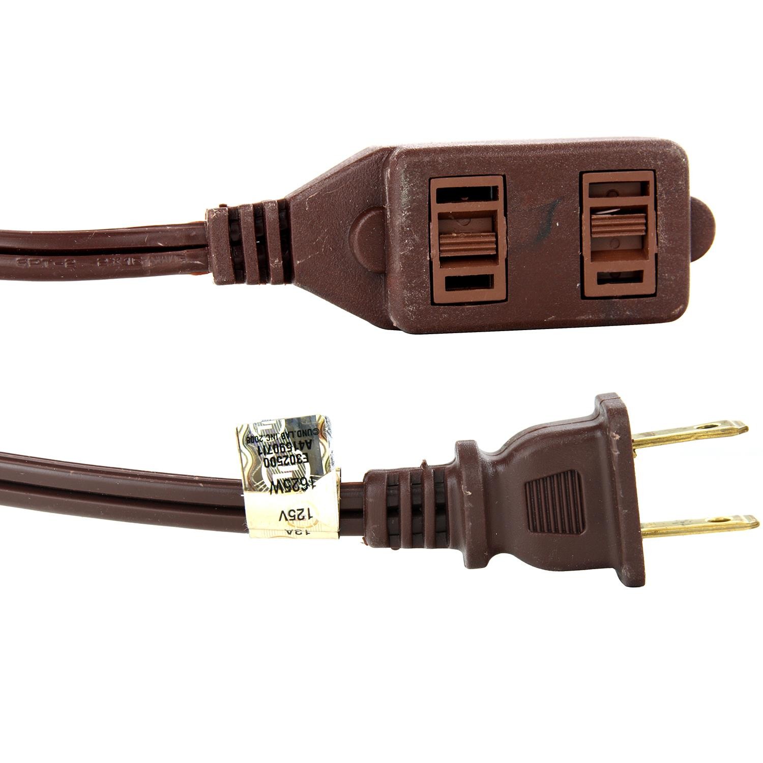2-Outlet Extension Cord, 20Ft Brown PowerStrip, 3 2-Prong Polarized, 1625W, 125V