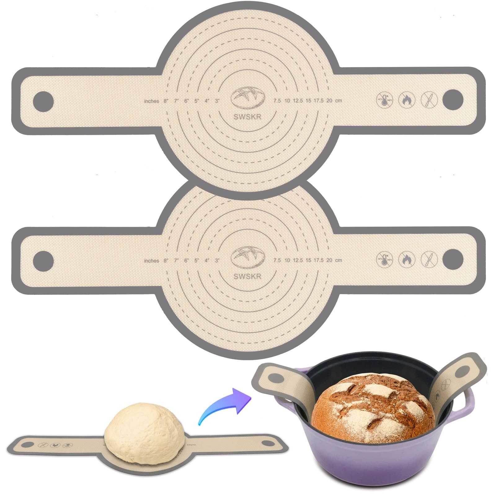 Silicone Bread Sling for Dutch Oven, 2 Pack 9.5" Non-Stick & Odor-Free Baking...