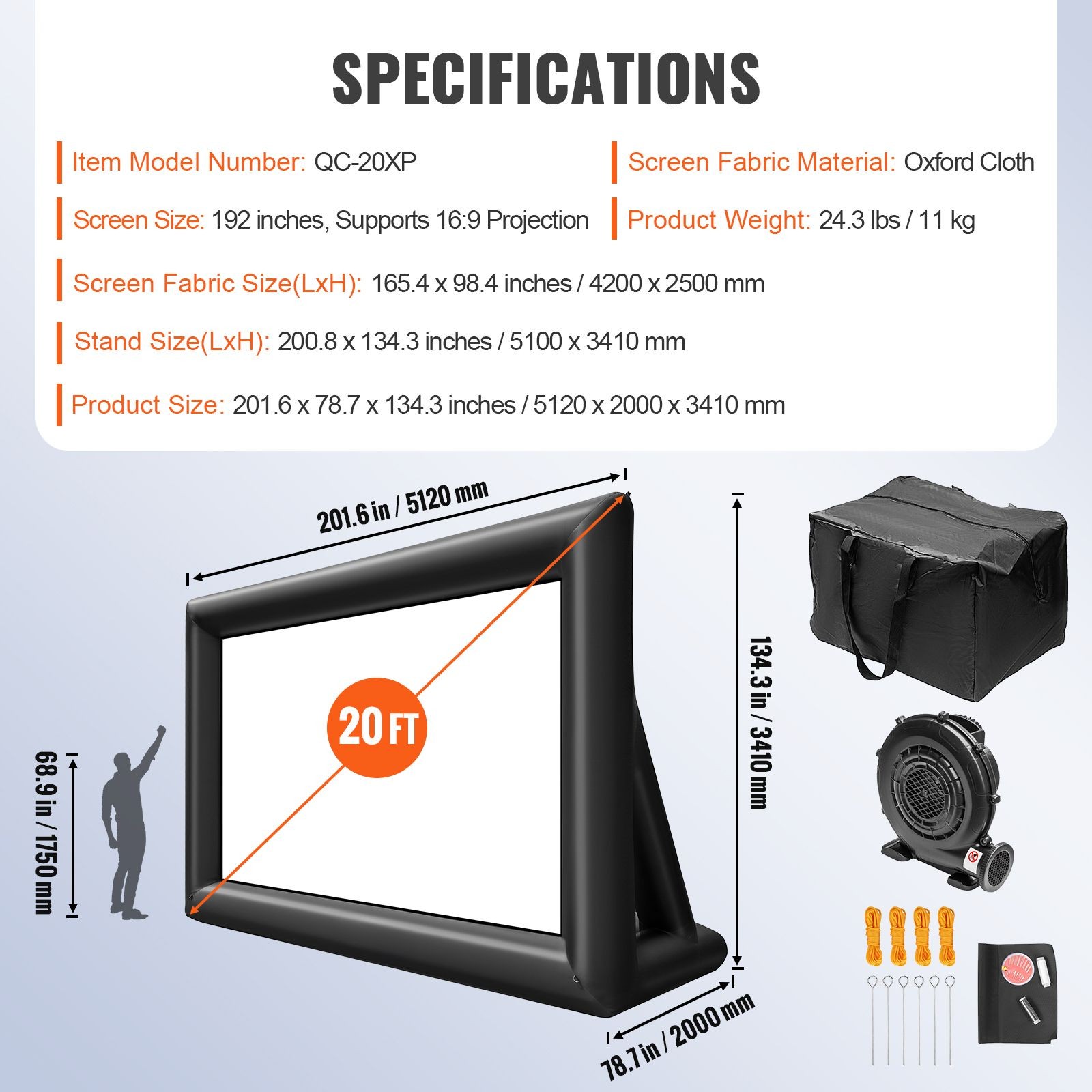 20FT Outdoor Inflatable Screen 350W Blower