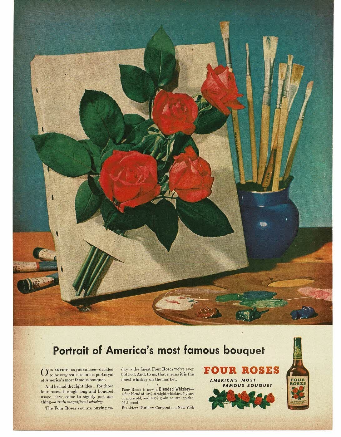 1946 Four Roses Whiskey Portrait of America's Most Famous Bouquet art Print Ad