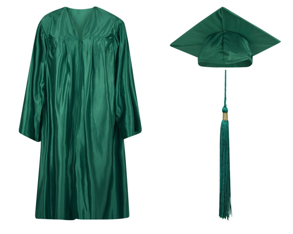 Medium Green Shiny Graduation Cap Gown and Tassel - 13 sizes available