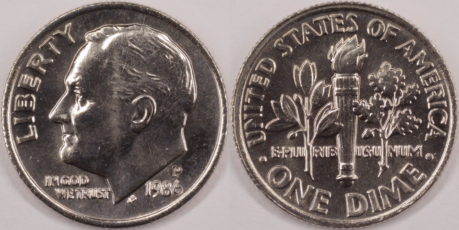 United States 1986 P 10 Cents Roosevelt Dime KM#195a Clad Torch Olive Oak Branch