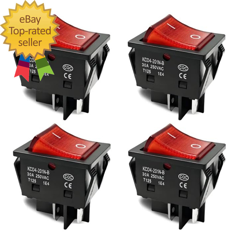 30A 250V AC DPST 4 Pin Boat Toggle Switch 4Pack Red Lighted On/Off T125