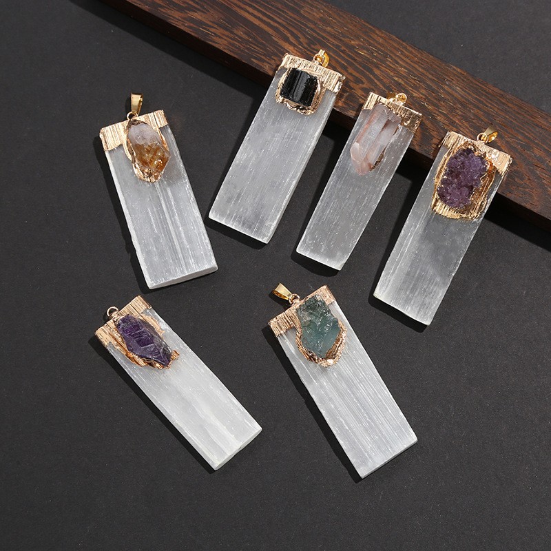 Natural Gypsum Strip Pendant Long Strip Inlaid with Crystal Pillar Pendant