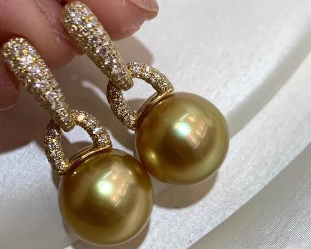Gorgeous HUGE AAAA 10-11mm Natural south sea Round Golden pearl earring 925s