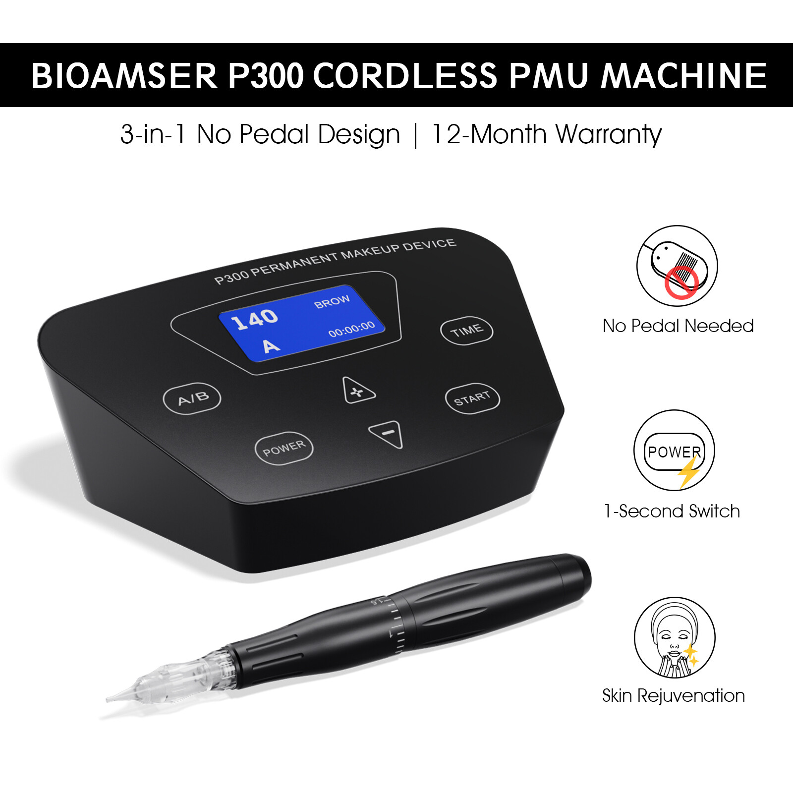 BIOAMSER P300 Cordless PMU Machine | 3-in-1 No Pedal for Brows/Lips/Skin